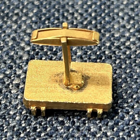 Gold Tone Cufflink Set Rectangles With Hematite Stones Men's Vintage FLAW - Picture 3 of 4